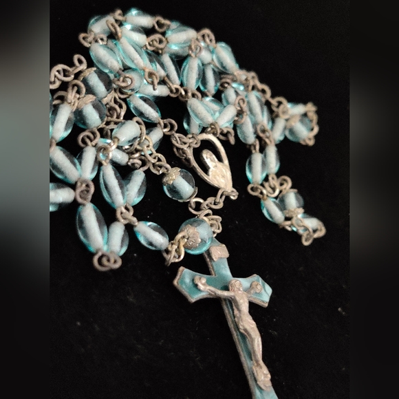 Vintage Blue Glass Rosary Enamel Crucifix INRI - Picture 13 of 13